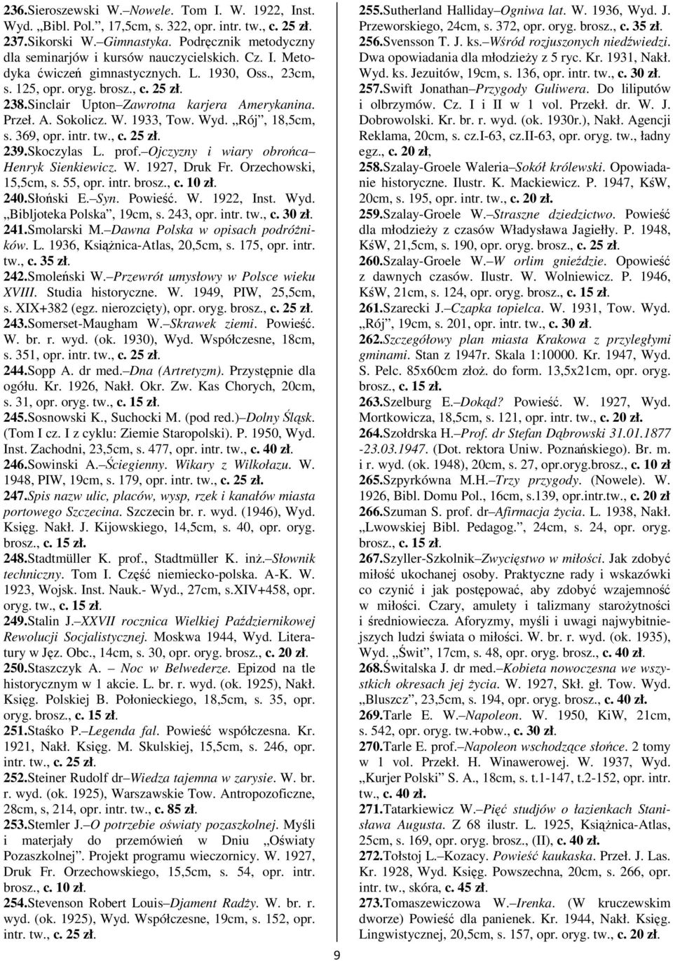 369, opr. intr. tw., c. 25 zł. 239.Skoczylas L. prof. Ojczyzny i wiary obroca Henryk Sienkiewicz. W. 1927, Druk Fr. Orzechowski, 15,5cm, s. 55, opr. intr. brosz., c. 10 zł. 240.Słoski E. Syn. Powie.