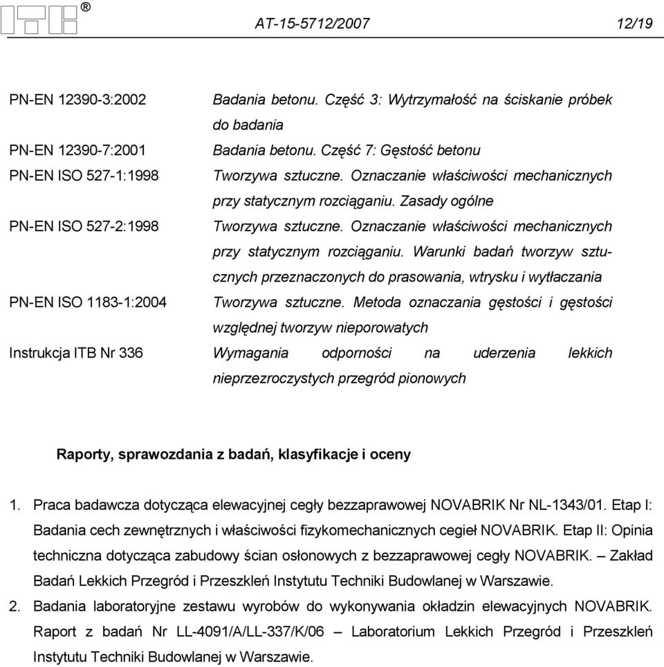 Oznaczanie właściwości mechanicznych przy statycznym rozciąganiu. Warunki badań tworzyw sztucznych przeznaczonych do prasowania, wtrysku i wytłaczania PN-EN ISO 1183-1:2004 Tworzywa sztuczne.