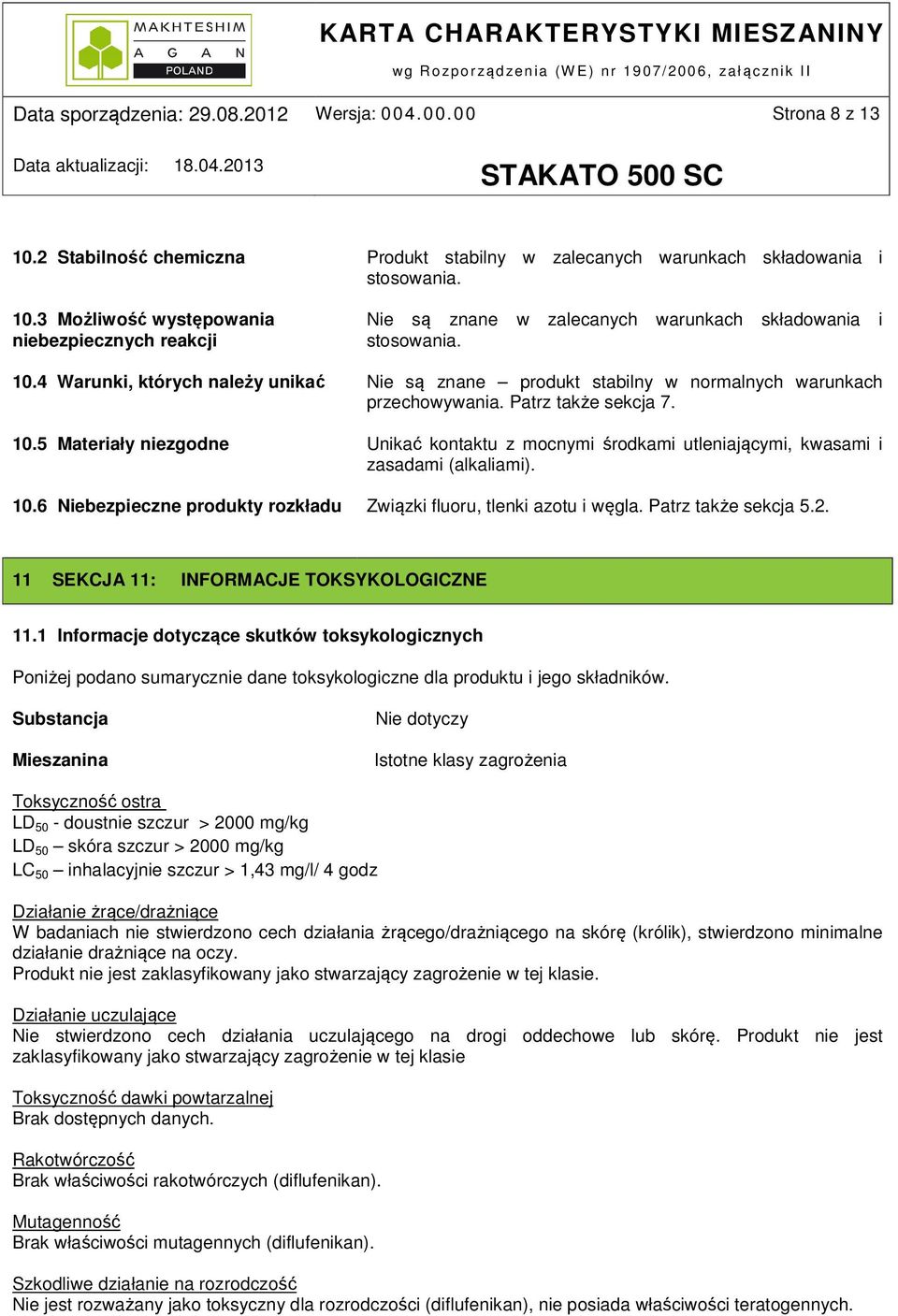 5 Materiały niezgodne Unikać kontaktu z mocnymi środkami utleniającymi, kwasami i zasadami (alkaliami). 10.6 Niebezpieczne produkty rozkładu Związki fluoru, tlenki azotu i węgla. Patrz także sekcja 5.