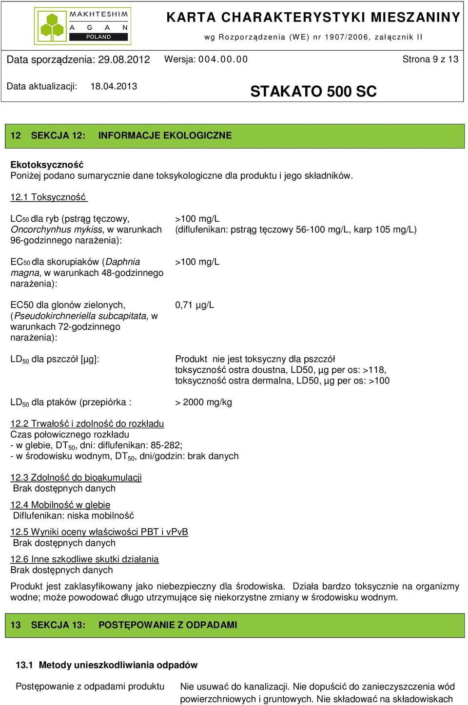 INFORMACJE EKOLOGICZNE Ekotoksyczność Poniżej podano sumarycznie dane toksykologiczne dla produktu i jego składników. 12.