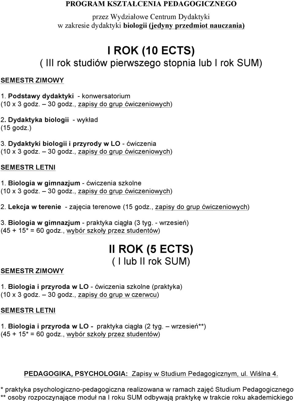 Biologia w gimnazjum - praktyka ciągła (3 tyg. - wrzesień) II ROK (5 ECTS) ( I lub II rok SUM) 1.