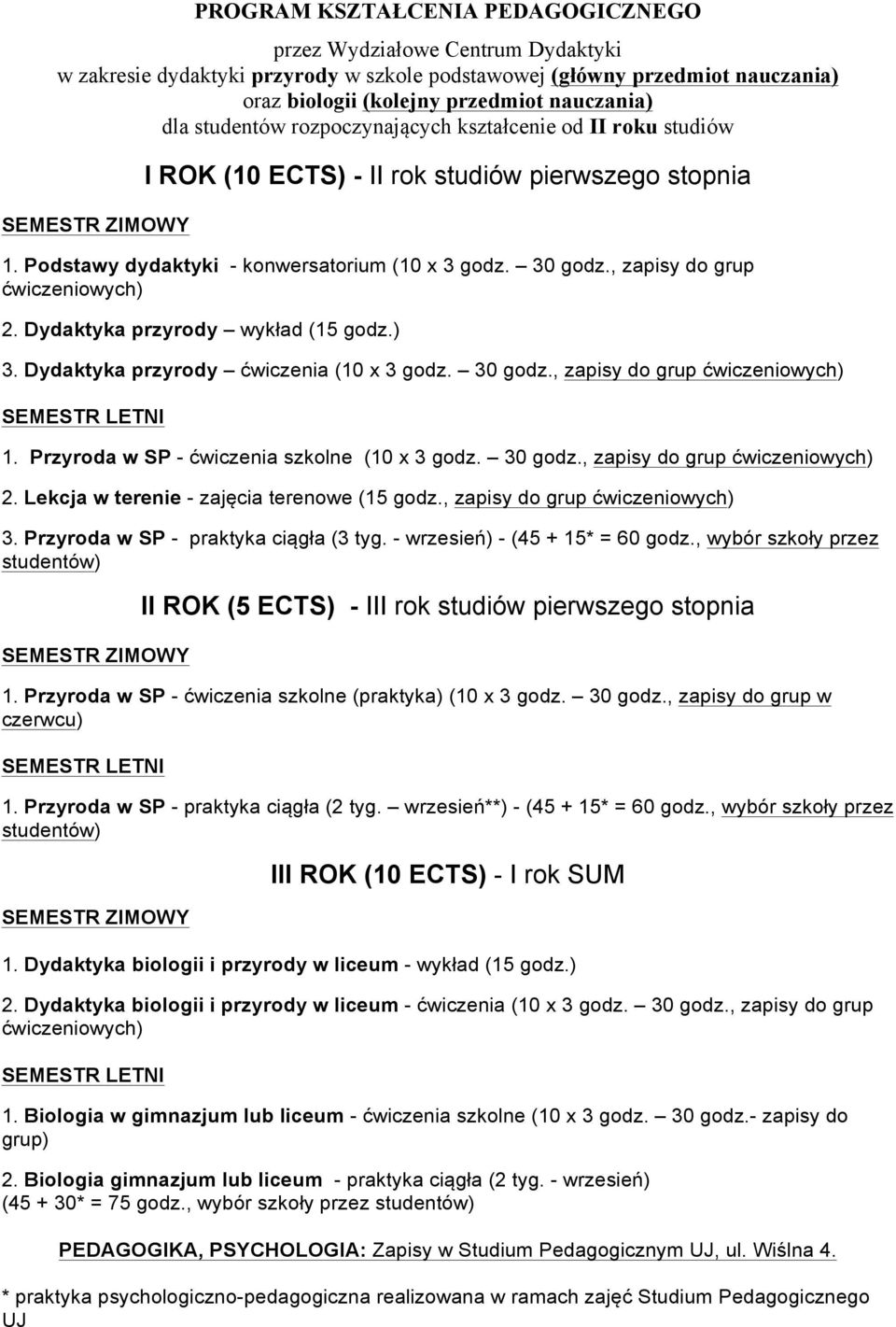 Przyroda w SP - praktyka ciągła (3 tyg. - wrzesień) - (45 + 15* = 60 godz., wybór szkoły przez studentów) II ROK (5 ECTS) - III rok studiów pierwszego stopnia 1.