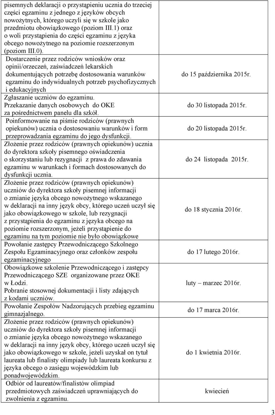 Dostarczenie przez rodziców wniosków oraz opinii/orzeczeń, zaświadczeń lekarskich dokumentujących potrzebę dostosowania warunków egzaminu do indywidualnych potrzeb psychofizycznych i edukacyjnych