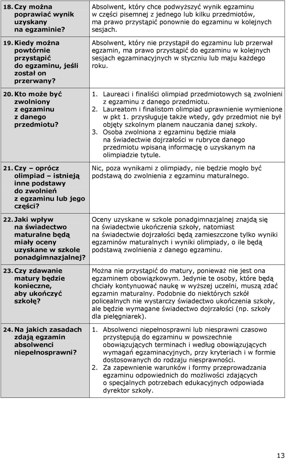 Czy zdawanie matury będzie konieczne, aby ukończyć szkołę? 24. Na jakich zasadach zdają egzamin absolwenci niepełnosprawni?