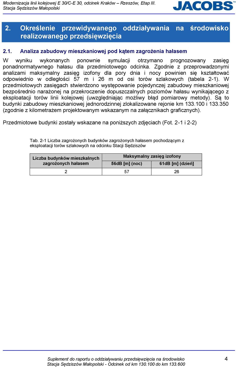 Zgodnie z przeprowadzonymi analizami maksymalny zasięg izofony dla pory dnia i nocy powinien się kształtować odpowiednio w odległości 57 m i 26 m od osi torów szlakowych (tabela 2-1).