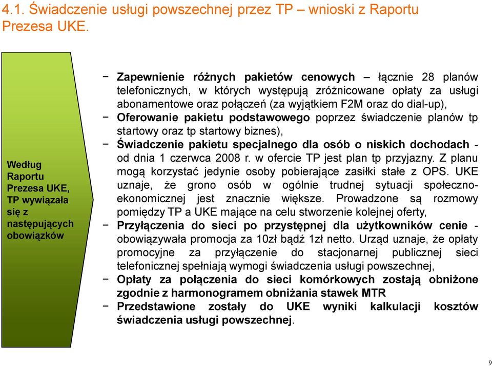 abonamentowe oraz połączeń (za wyjątkiem F2M oraz do dial-up), Oferowanie pakietu podstawowego poprzez świadczenie planów tp startowy oraz tp startowy biznes), Świadczenie pakietu specjalnego dla