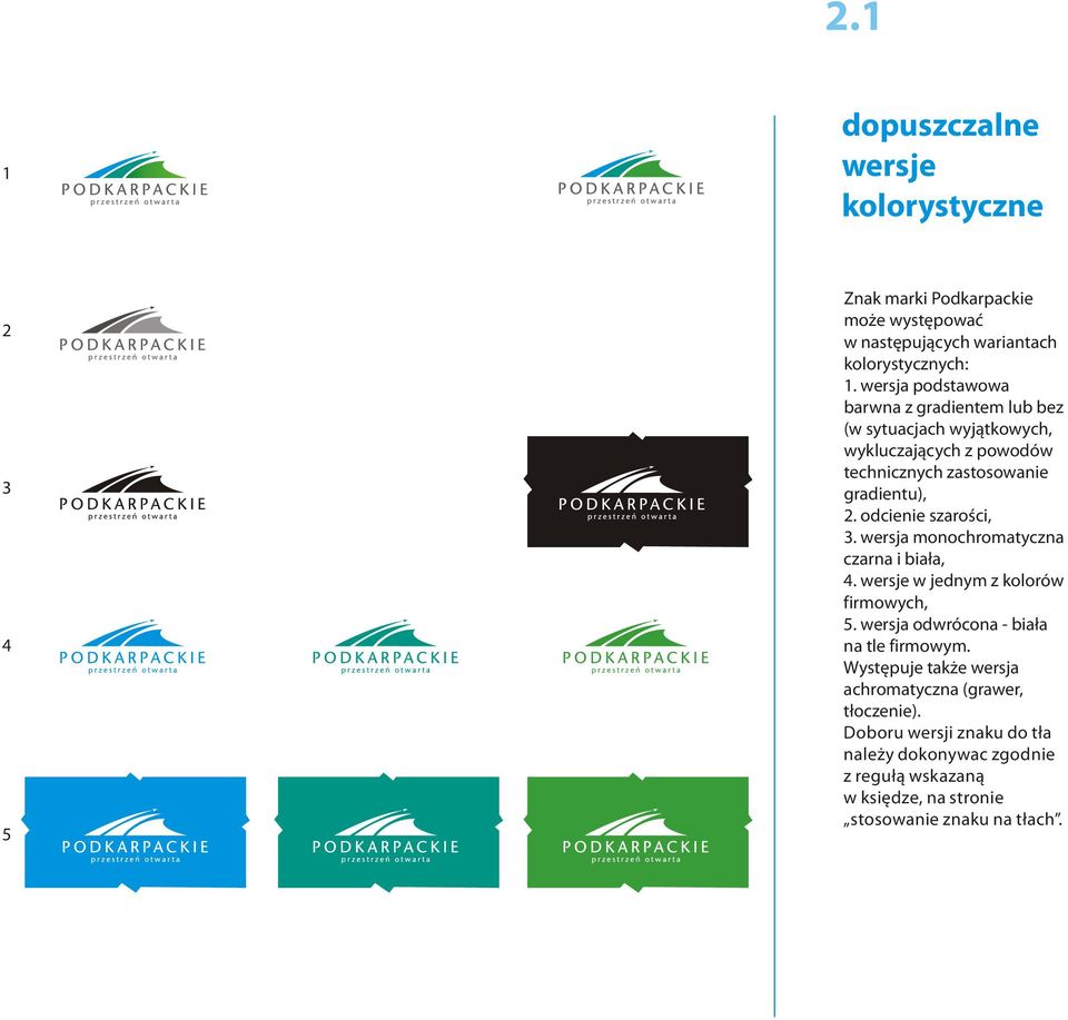 odcienie szarości, 3. wersja monochromatyczna czarna i biała, 4. wersje w jednym z kolorów firmowych, 5. wersja odwrócona - biała na tle firmowym.