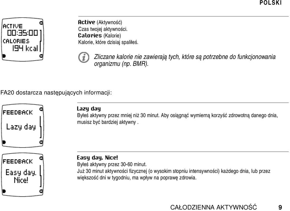 FA20 dostarcza następujących informacji: Lazy day Byłeś aktywny przez mniej niż 30 minut.