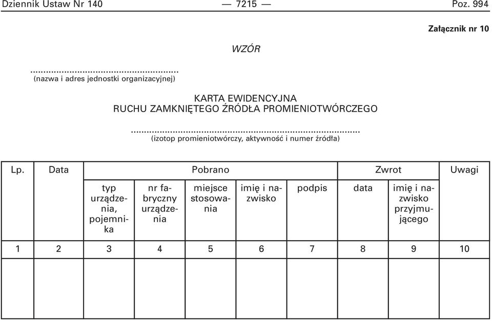 PROMIENIOTWÓRCZEGO... (izotop promieniotwórczy, aktywnoêç i numer ) Za àcznik nr 10 Lp.