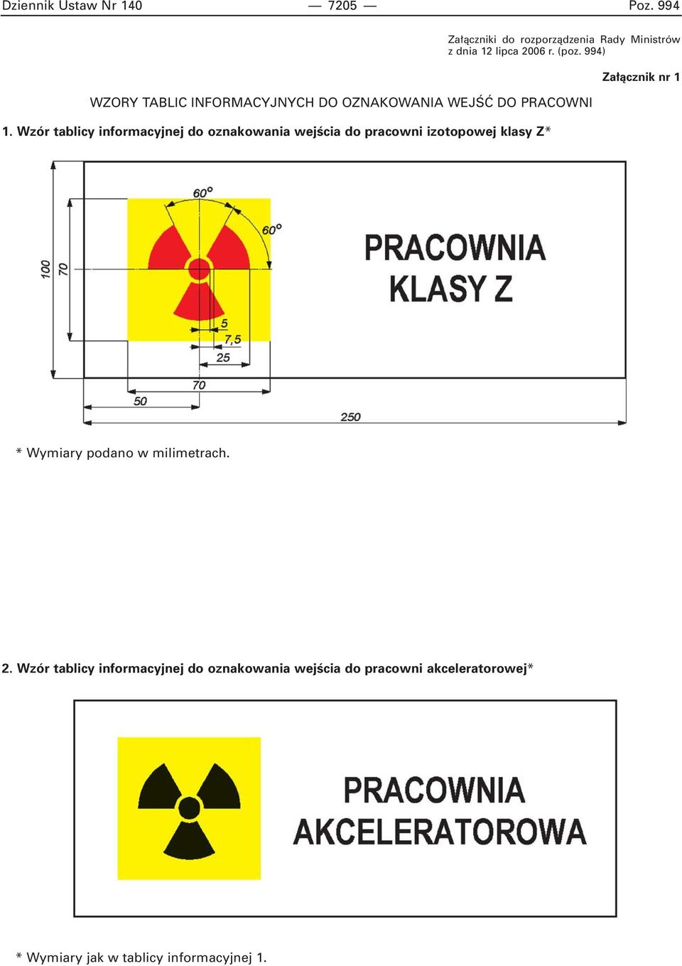 Wzór tablicy informacyjnej do oznakowania wejêcia do pracowni izotopowej klasy Z* Za àcznik nr 1 * Wymiary