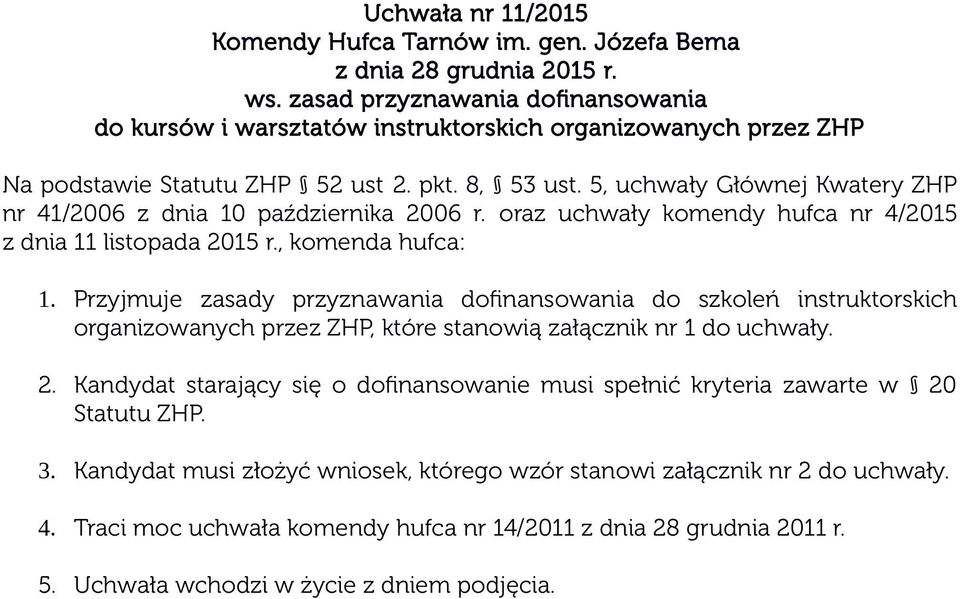 5, uchwały Głównej Kwatery ZHP nr 41/2006 z dnia 10 października 2006 r. oraz uchwały komendy hufca nr 4/2015 z dnia 11 listopada 2015 r., komenda hufca: 1.