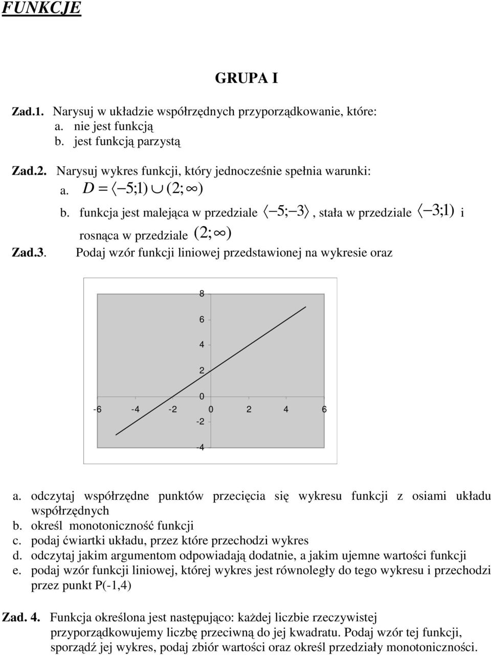 odczytaj współrzędne punktów przecięcia się wykresu funkcji z osiami układu współrzędnych b. określ monotoniczność funkcji c. podaj ćwiartki układu, przez które przechodzi wykres d.