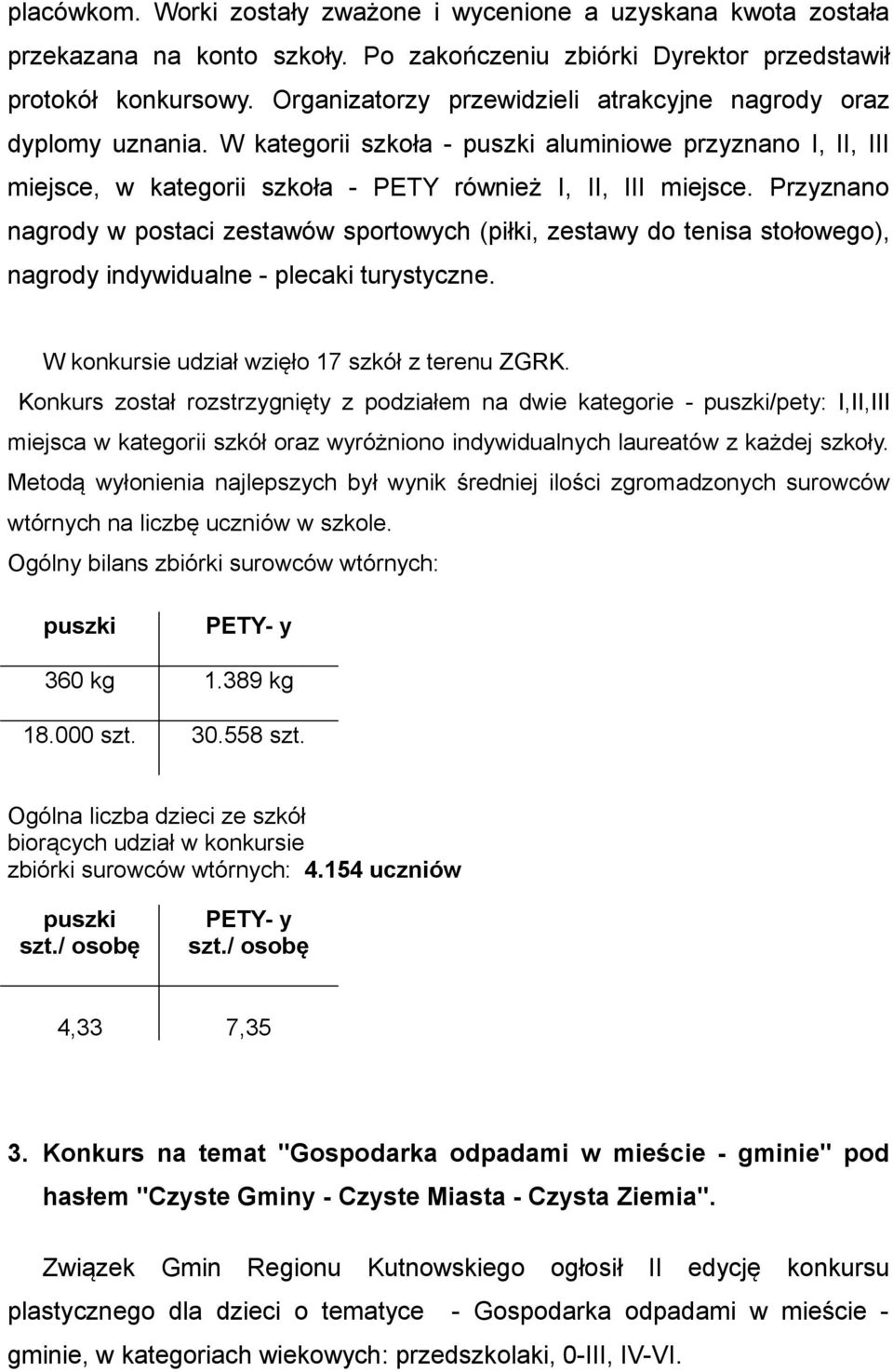 Przyznano nagrody w postaci zestawów sportowych (piłki, zestawy do tenisa stołowego), nagrody indywidualne - plecaki turystyczne. W konkursie udział wzięło 17 szkół z terenu ZGRK.