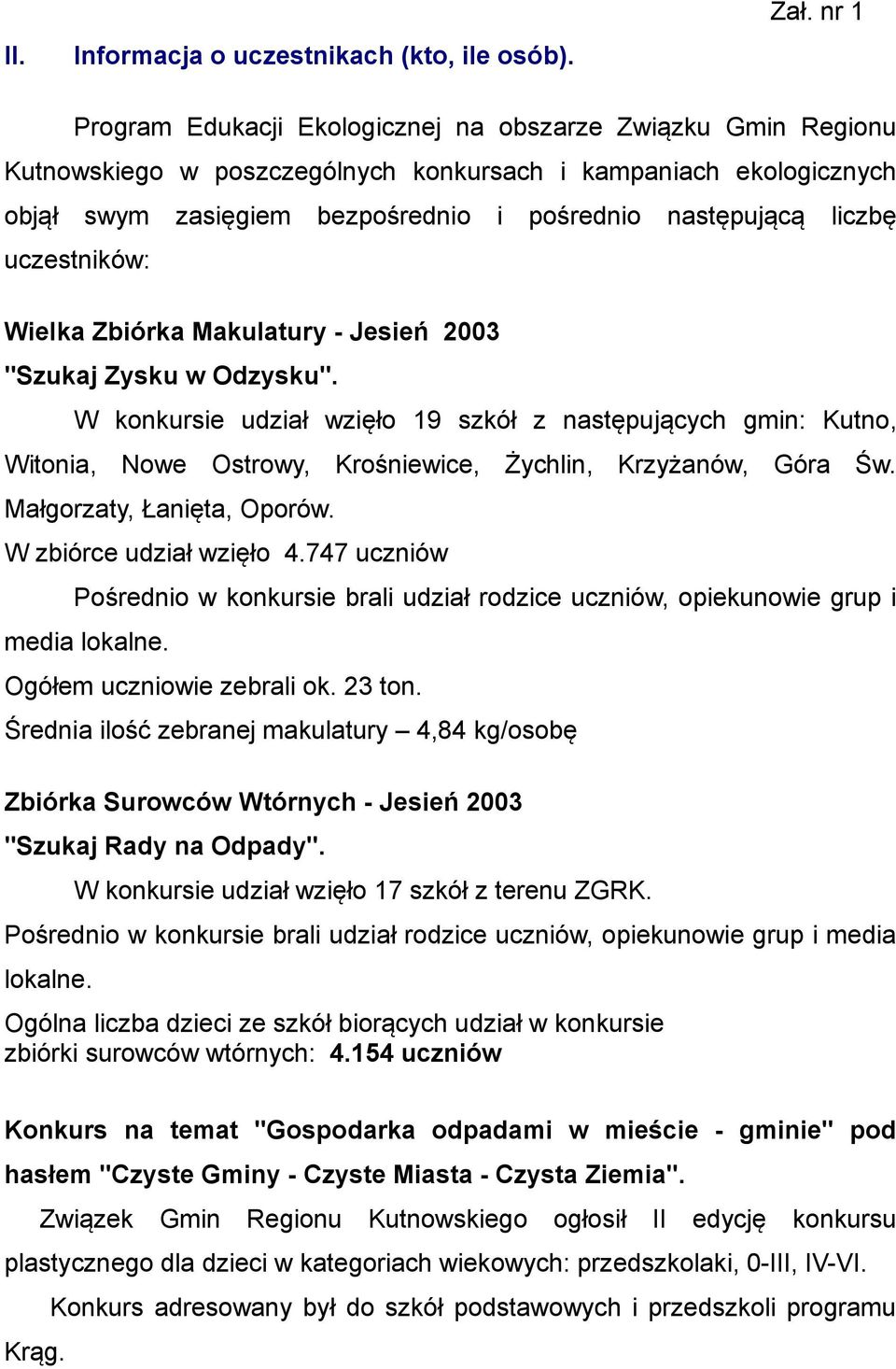 liczbę uczestników: Wielka Zbiórka Makulatury - Jesień 2003 "Szukaj Zysku w Odzysku".