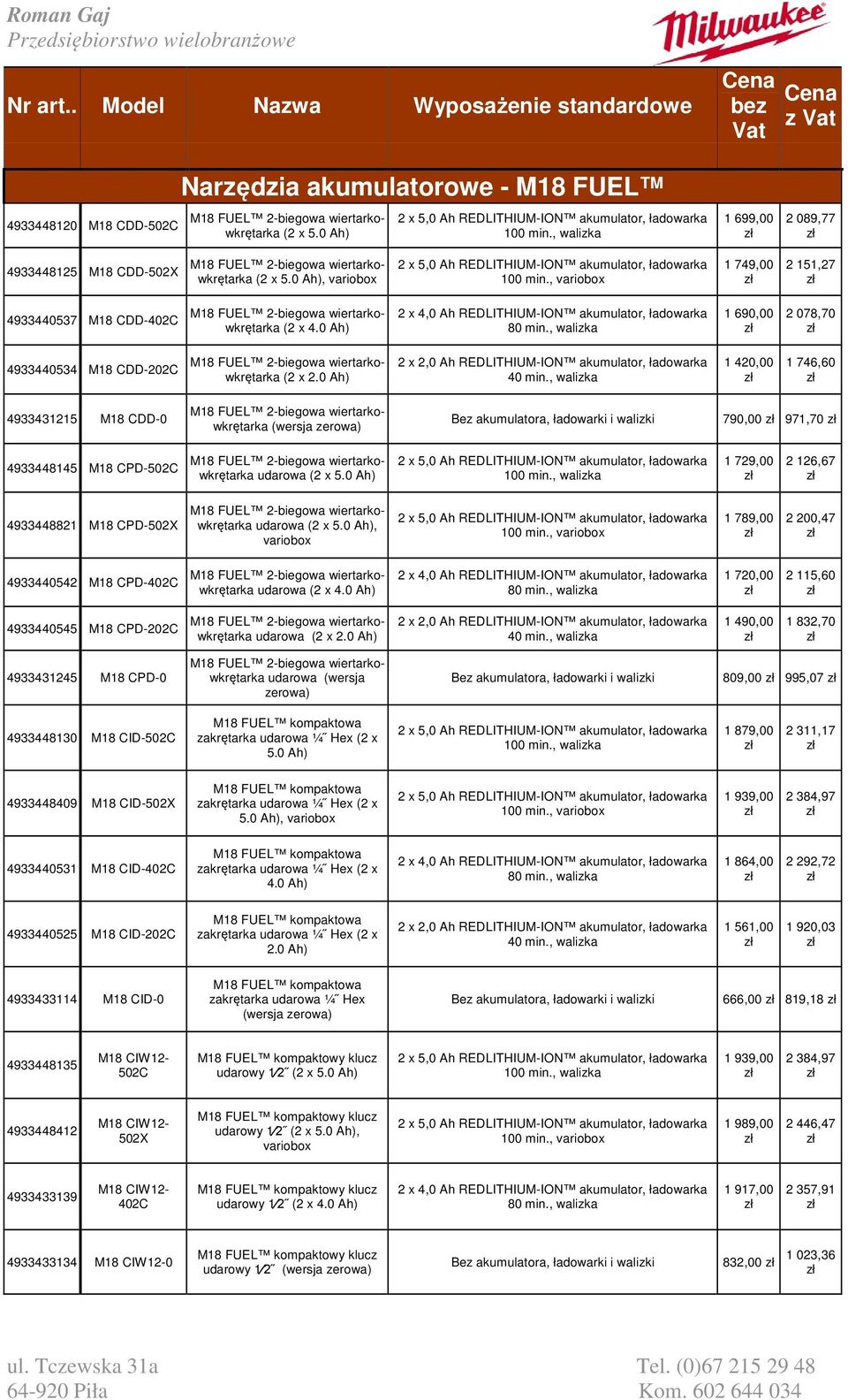 , variobox 1 749,00 2 151,27 4933440537 M18 CDD- M18 FUEL 2-biegowa wiertarkowkrętarka (2 x 4.0 Ah) 1 690,00 2 078,70 4933440534 M18 CDD-202C M18 FUEL 2-biegowa wiertarkowkrętarka (2 x 2.