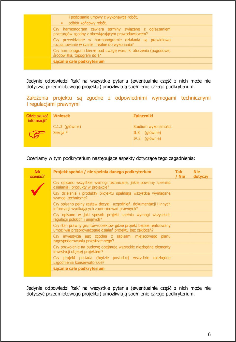 Łącznie całe podkryterium Jedynie odpowiedzi tak na wszystkie pytania (ewentualnie część z nich może nie dotyczyć przedmiotowego projektu) umożliwiają spełnienie całego podkryterium.