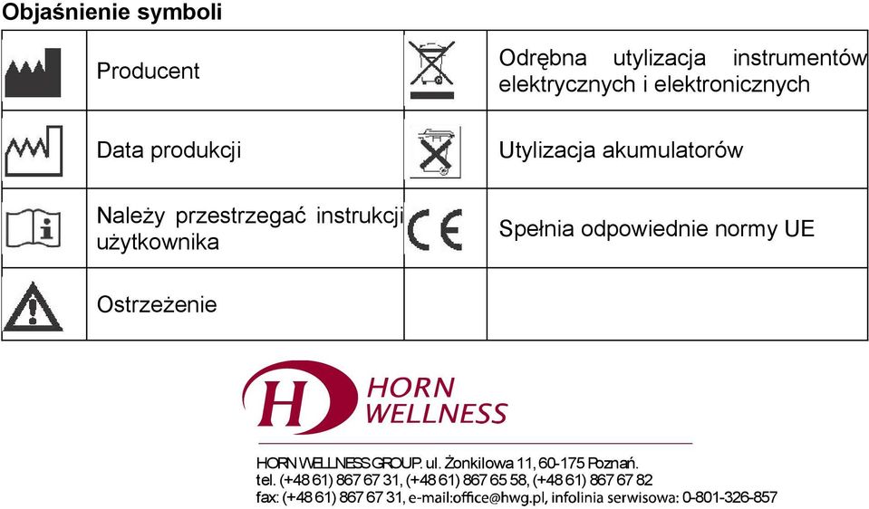 użytkownika Spełnia odpowiednie normy UE Ostrzeżenie HORNWELLNESSGROUP. ul.