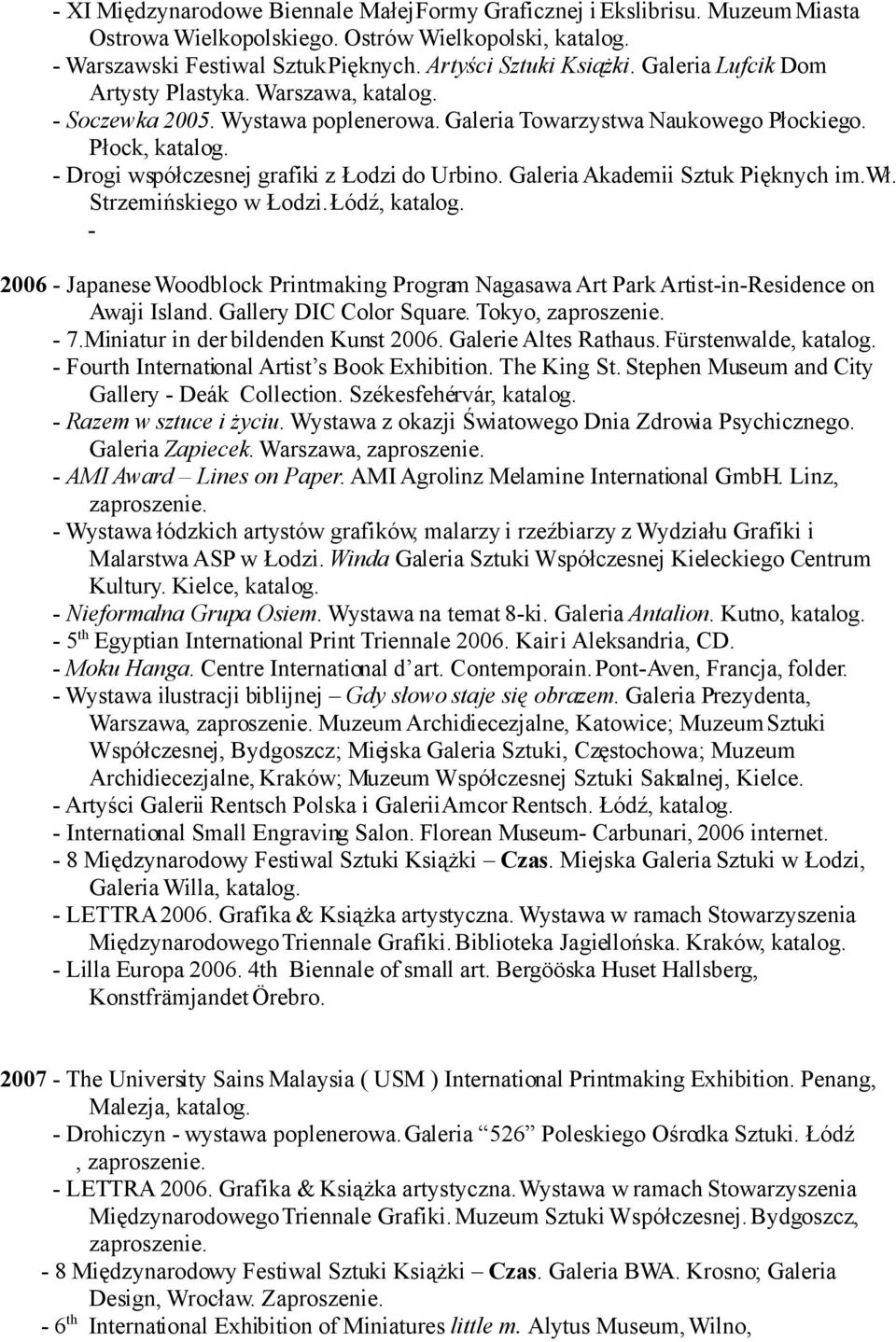 Galeria Akademii Sztuk Pięknych im.wł. Strzemińskiego w Łodzi. Łódź, - 2006 - Japanese Woodblock Printmaking Program Nagasawa Art Park Artist-in-Residence on Awaji Island. Gallery DIC Color Square.