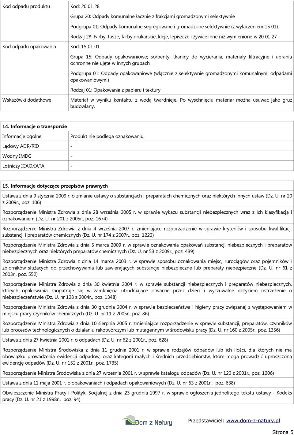 materiały filtracyjne i ubrania ochronne nie ujęte w innych grupach Podgrupa 01: Odpady opakowaniowe (włącznie z selektywnie gromadzonymi komunalnymi odpadami opakowaniowymi) Rodzaj 01: Opakowania z