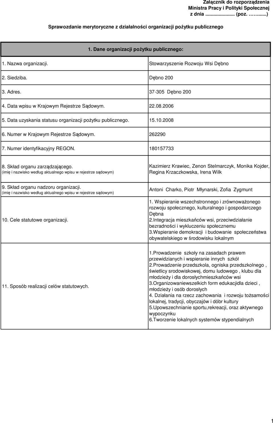 Data uzyskania statusu organizacji poŝytku publicznego. 15.10.2008 6. Numer w Krajowym Rejestrze Sądowym. 262290 7. Numer identyfikacyjny REGON. 180157733 8. Skład organu zarządzającego.