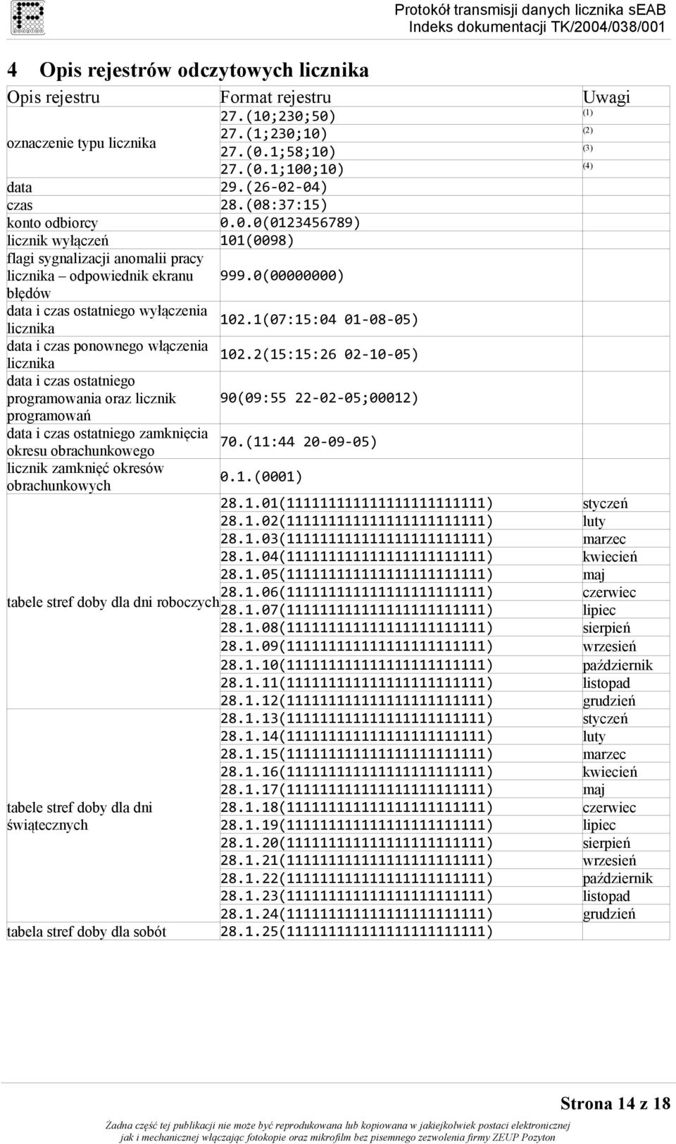 i czas ponownego włączenia licznika data i czas ostatniego programowania oraz licznik programowań data i czas ostatniego zamknięcia okresu obrachunkowego licznik zamknięć okresów obrachunkowych 27.