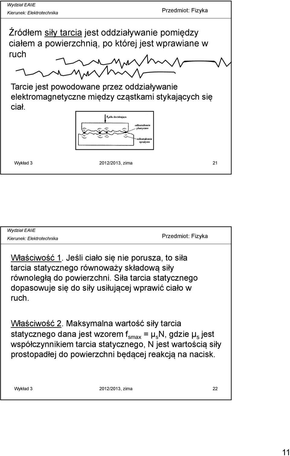 Jeśli ciało się nie porusza, to siła tarcia statycznego równoważy składową siły równoległą do powierzchni.