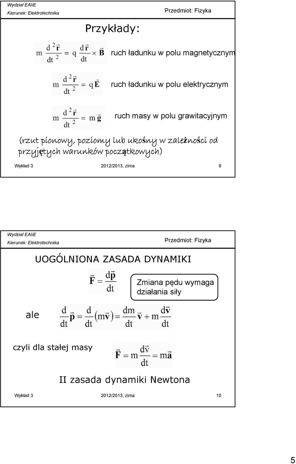 początkowych) Wykład 3 2012/2013, zima 9 UOGÓLNIONA ZASADA DYNAMIKI Zmiana pędu wymaga