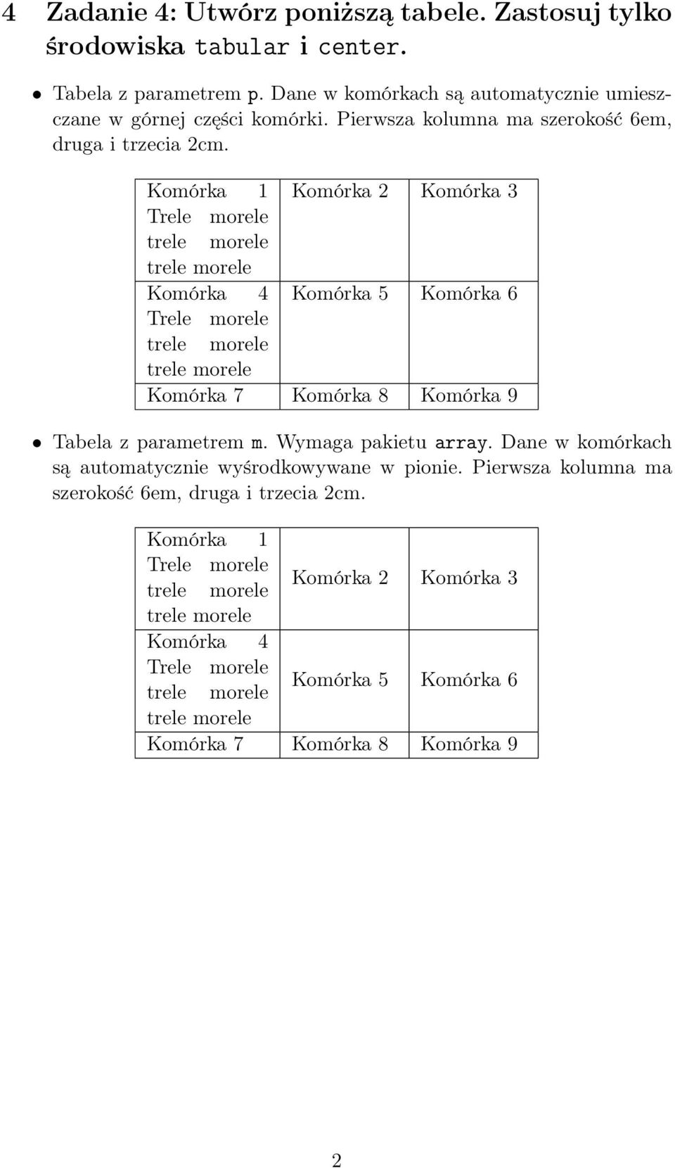 Pierwsza kolumna ma szerokość 6em, druga i trzecia 2cm. Komórka 4 Komórka 5 Komórka 6 Tabela z parametrem m.