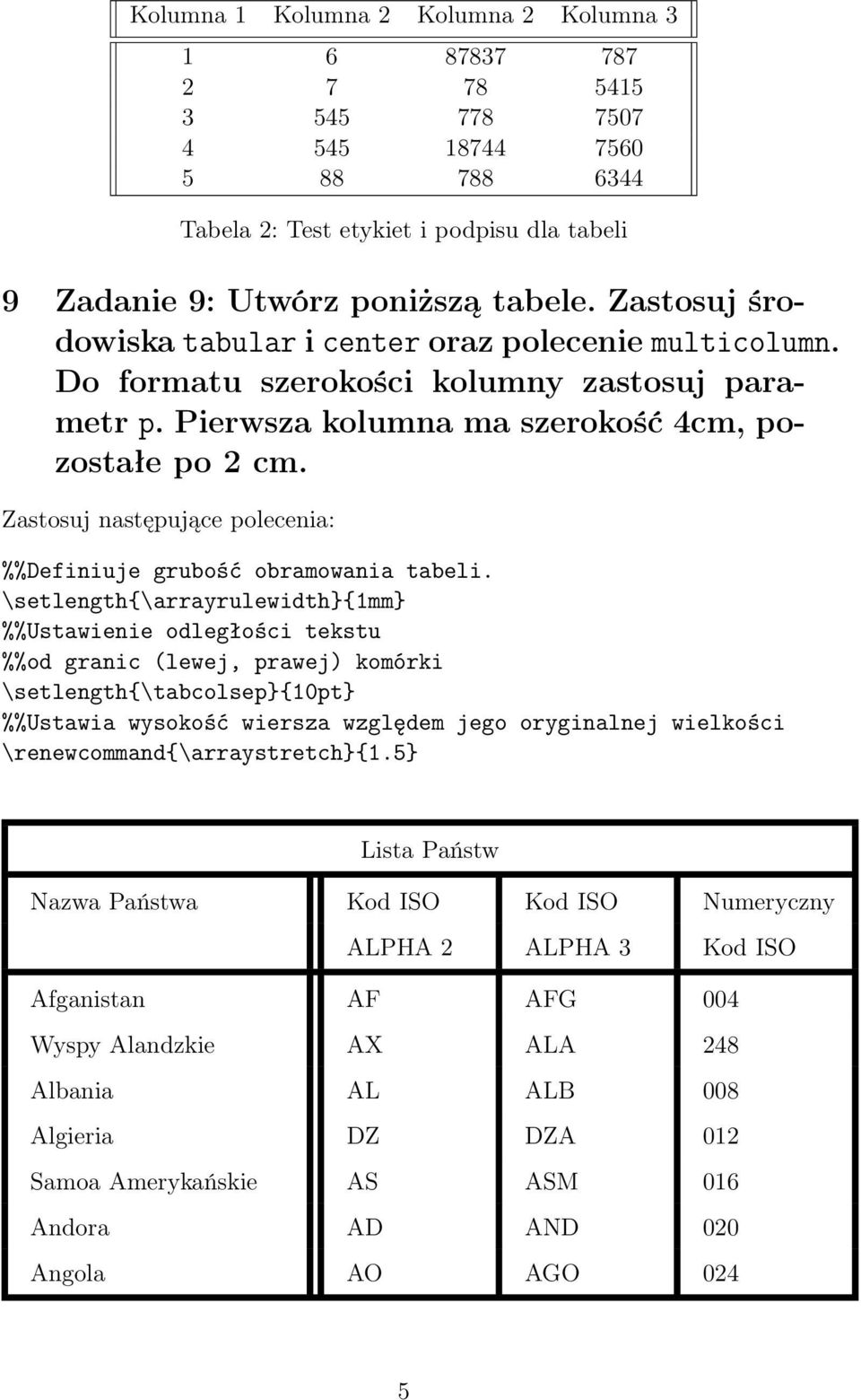 Pierwsza kolumna ma szerokość 4cm, pozostałe po 2 cm. Zastosuj następujące polecenia: %%Definiuje grubość obramowania tabeli.