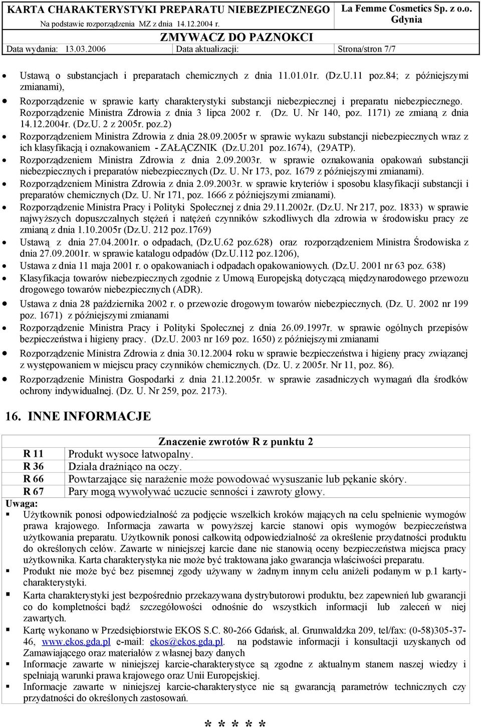 Nr 140, poz. 1171) ze zmianą z dnia 14.12.2004r. (Dz.U. 2 z 2005r. poz.2) Rozporządzeniem Ministra Zdrowia z dnia 28.09.