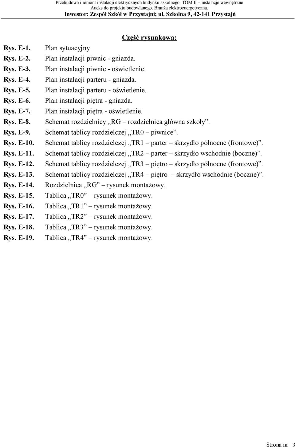 Plan instalacji piętra - gniazda. Plan instalacji piętra - oświetlenie. Schemat rozdzielnicy RG rozdzielnica główna szkoły. Schemat tablicy rozdzielczej TR0 piwnice.