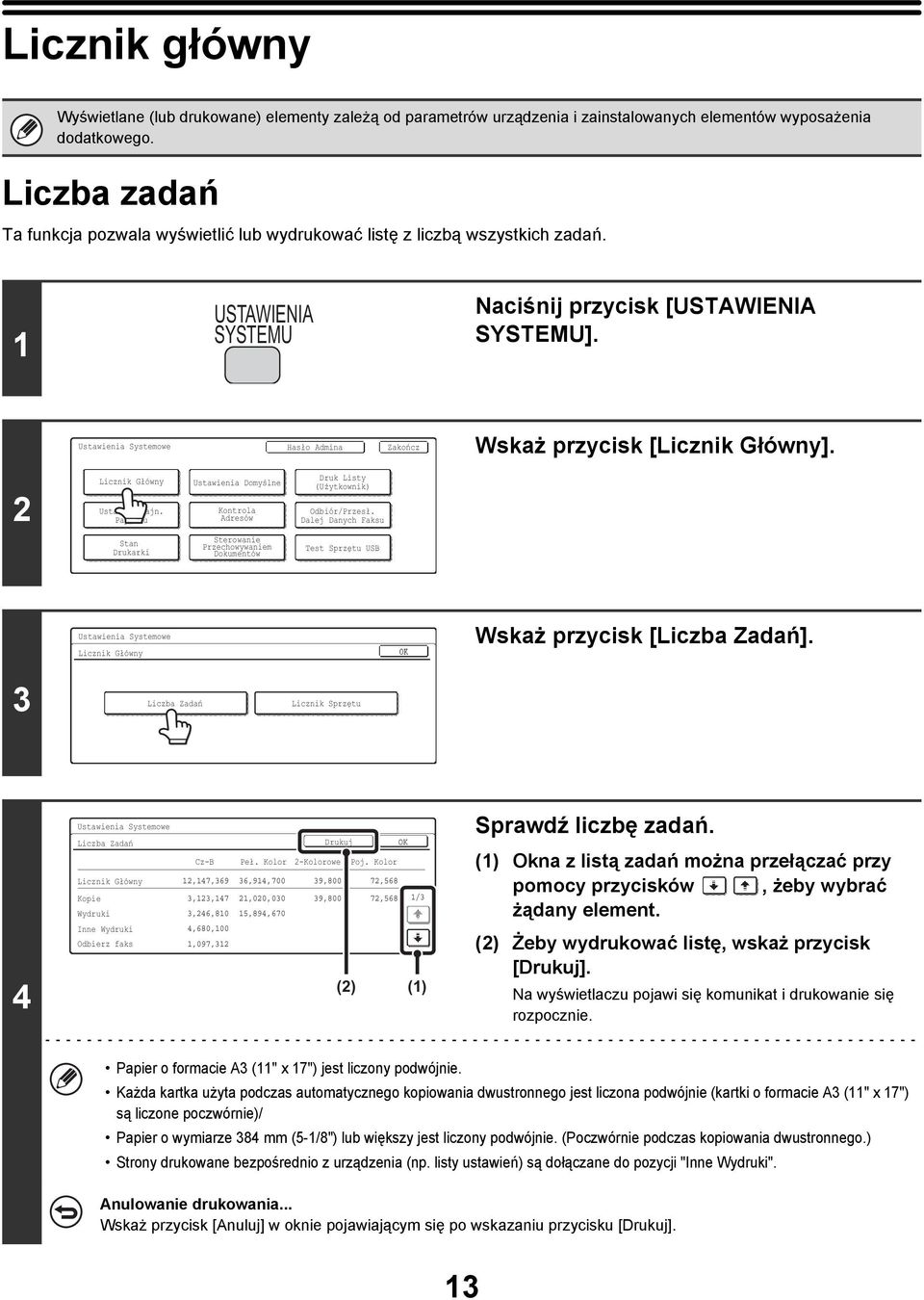 2 Licznik Główny Ustaw. Podajn. Papieru Ustawienia Domyślne Kontrola Adresów Druk Listy (Użytkownik) Odbiór/Przesł.