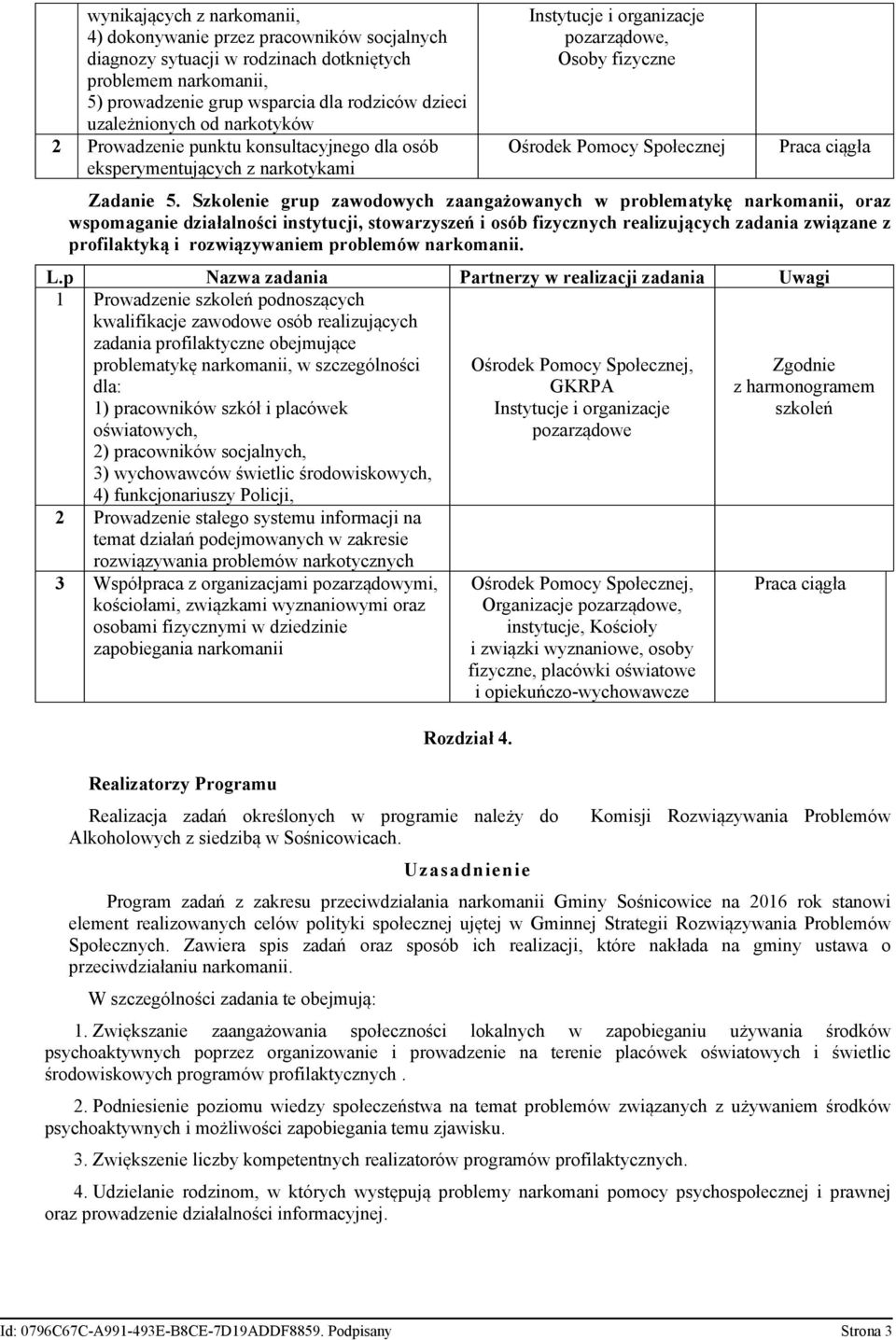 Szkolenie grup zawodowych zaangażowanych w problematykę narkomanii, oraz wspomaganie działalności instytucji, stowarzyszeń i osób fizycznych realizujących zadania związane z profilaktyką i