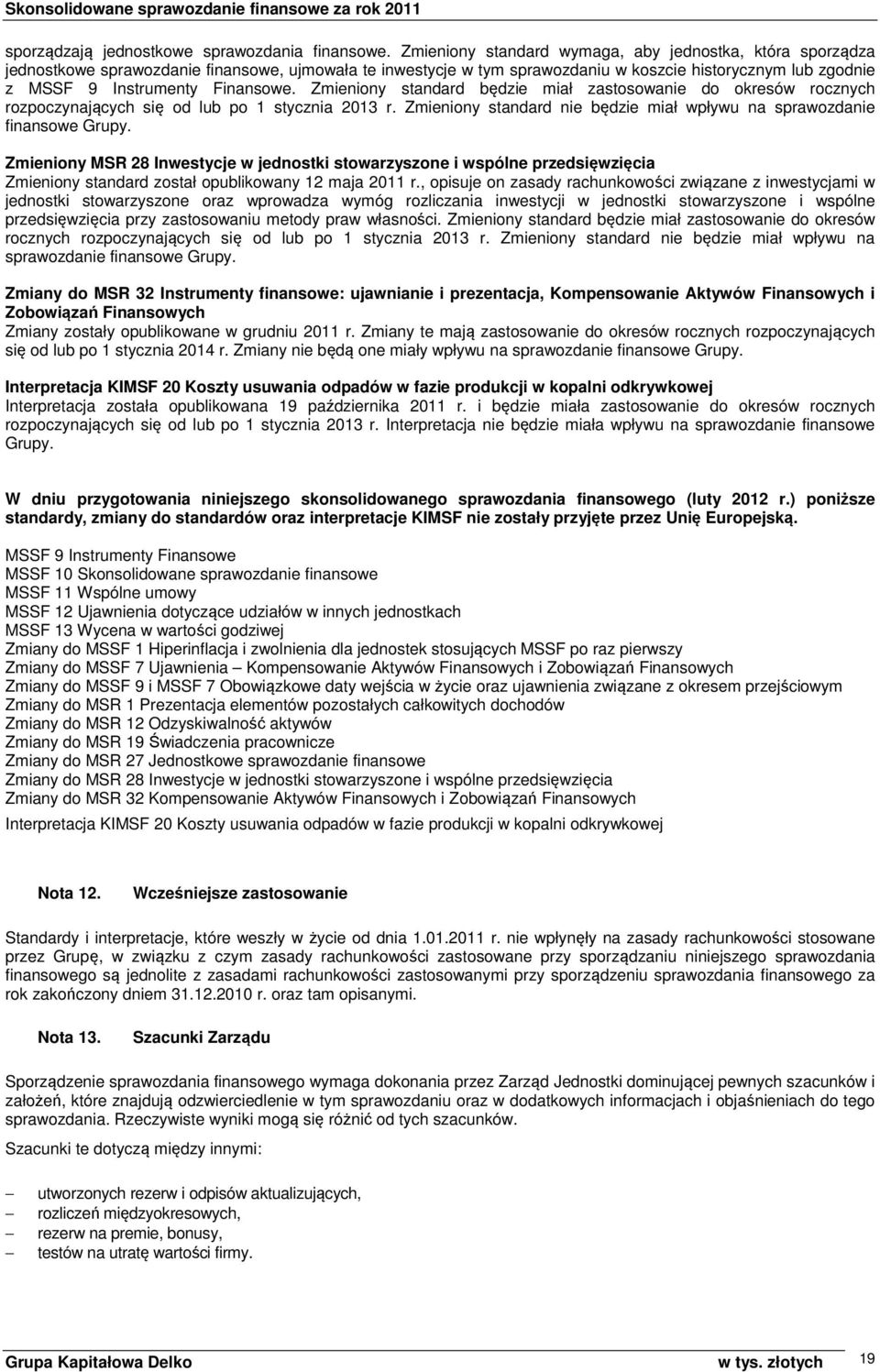 Finansowe. Zmieniony standard będzie miał zastosowanie do okresów rocznych rozpoczynających się od lub po 1 stycznia 2013 r. Zmieniony standard nie będzie miał wpływu na sprawozdanie finansowe Grupy.