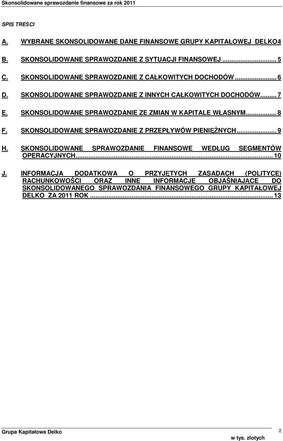 SKONSOLIDOWANE SPRAWOZDANIE ZE ZMIAN W KAPITALE WŁASNYM... 8 F. SKONSOLIDOWANE SPRAWOZDANIE Z PRZEPŁYWÓW PIENIĘŻNYCH... 9 H.