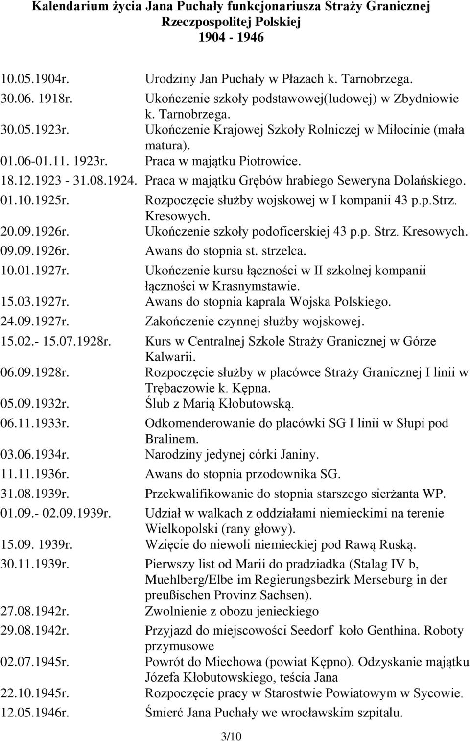 1923-31.08.1924. Praca w majątku Grębów hrabiego Seweryna Dolańskiego. 01.10.1925r. 20.09.1926r. 09.09.1926r. 10.01.1927r. 15.03.1927r. 24.09.1927r. Rozpoczęcie służby wojskowej w I kompanii 43 p.p.strz.