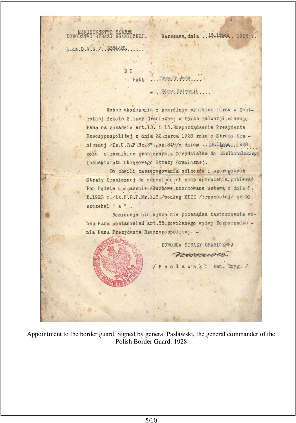 Signed by general Pasławski,