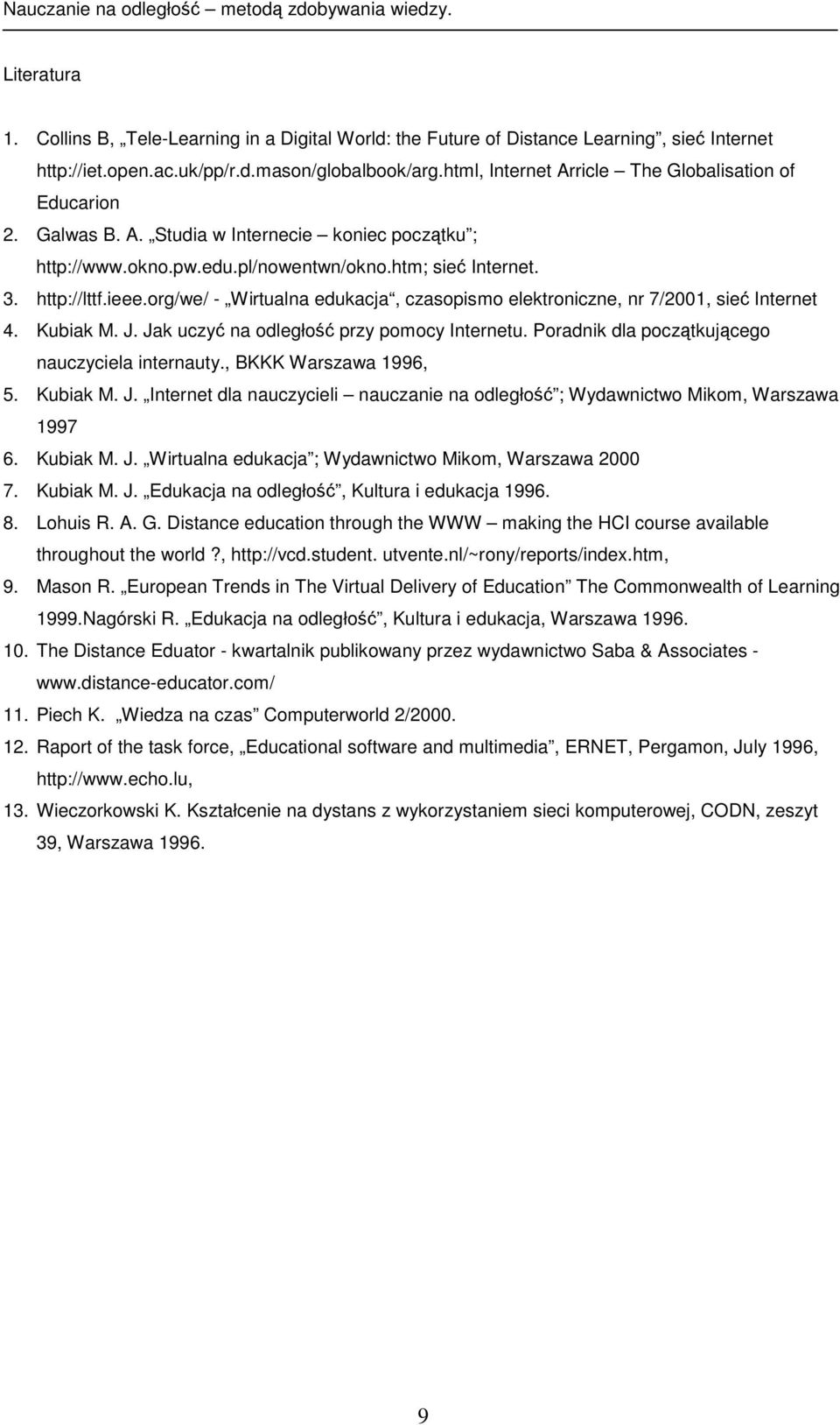 org/we/ - Wirtualna edukacja, czasopismo elektroniczne, nr 7/2001, sieć Internet 4. Kubiak M. J. Jak uczyć na odległość przy pomocy Internetu. Poradnik dla początkującego nauczyciela internauty.