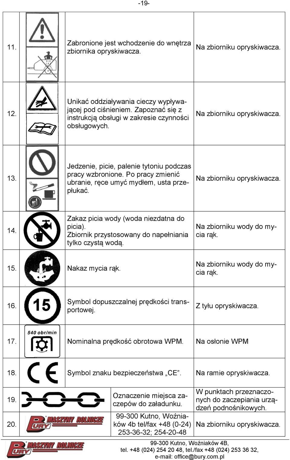 Po pracy zmienić ubranie, ręce umyć mydłem, usta przepłukać. Na zbiorniku opryskiwacza. 14. Zakaz picia wody (woda niezdatna do picia). Zbiornik przystosowany do napełniania tylko czystą wodą.