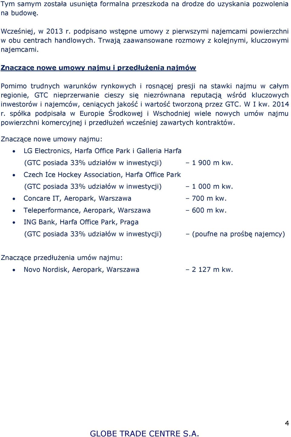 Znaczące nowe umowy najmu i przedłużenia najmów Pomimo trudnych warunków rynkowych i rosnącej presji na stawki najmu w całym regionie, GTC nieprzerwanie cieszy się niezrównana reputacją wśród