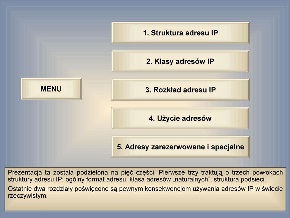 Pierwsze trzy traktują o trzech powłokach struktury adresu IP: ogólny format adresu, klasa adresów