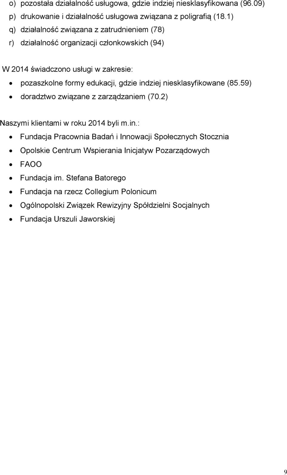 indziej niesklasyfikowane (85.59) doradztwo związane z zarządzaniem (70.2) Naszymi klientami w roku 2014 byli m.in.: Fundacja Pracownia Badań i Innowacji Społecznych Stocznia Opolskie Centrum Wspierania Inicjatyw Pozarządowych FAOO Fundacja im.