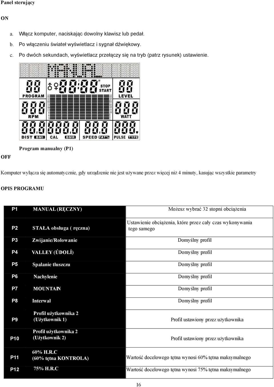 OFF Program manualny (P1) Komputer wyłącza się automatycznie, gdy urządzenie nie jest używane przez więcej niż 4 minuty, kasując wszystkie parametry OPIS PROGRAMU P1 MANUAL (RĘCZNY) Możesz wybrać 32