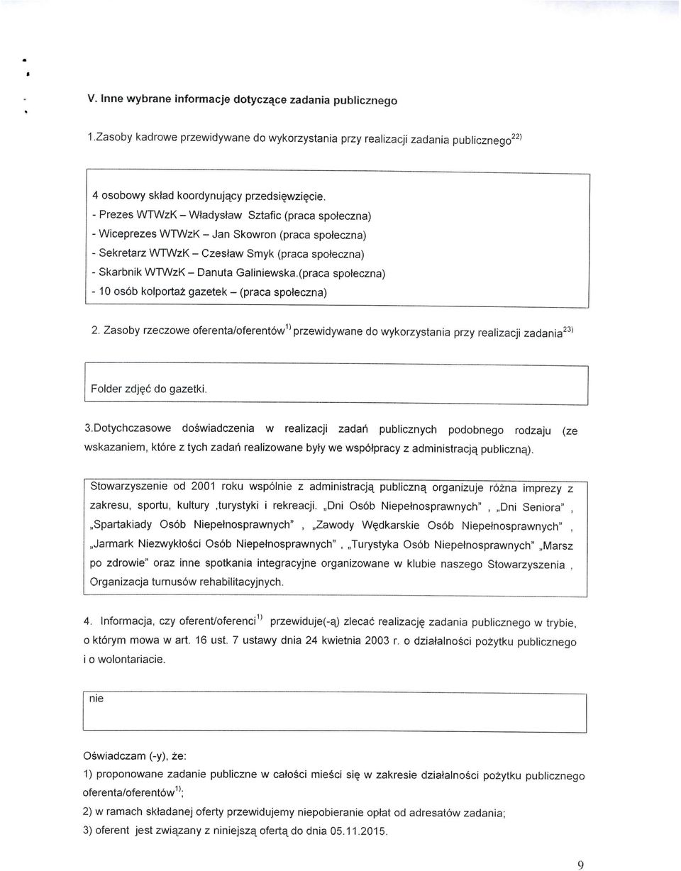 (praca spoteczna) 10 osob kolportaz gazetek (praca spoieczna) 2. Zasoby rzeczowe oferenta/oferentow1'przewidywane do wykorzystania przy realizacji zadania"' Folder zdj^c do gazetki. S.