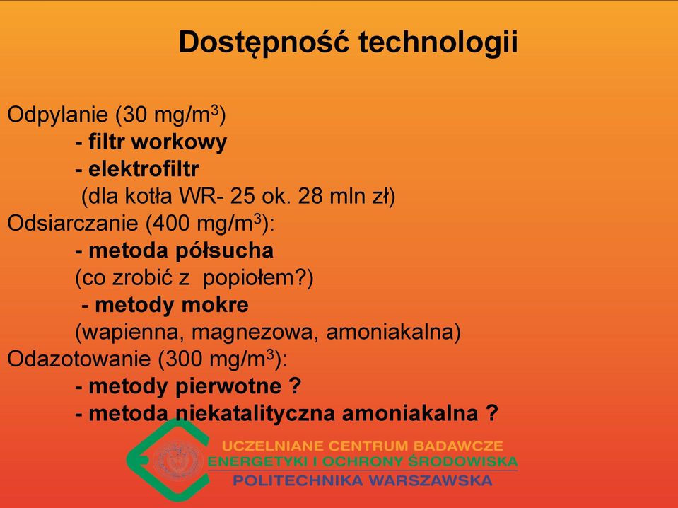 28 mln zł) Odsiarczanie (400 mg/m 3 ): - metoda półsucha (co zrobić z popiołem?