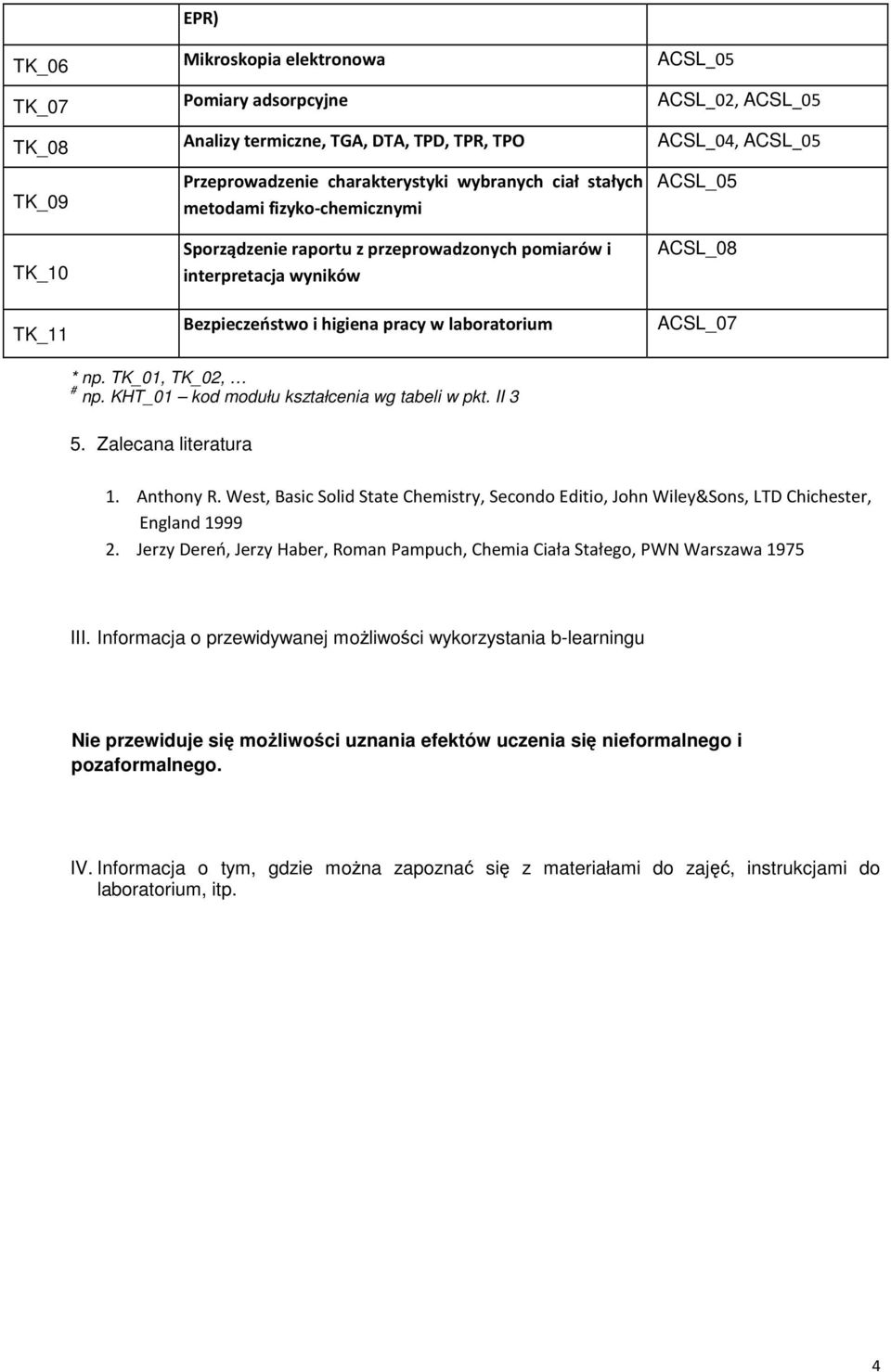 TK_01, TK_02, # np. KHT_01 kod modułu kształcenia wg tabeli w pkt. II 3 5. Zalecana literatura 1. Anthony R.