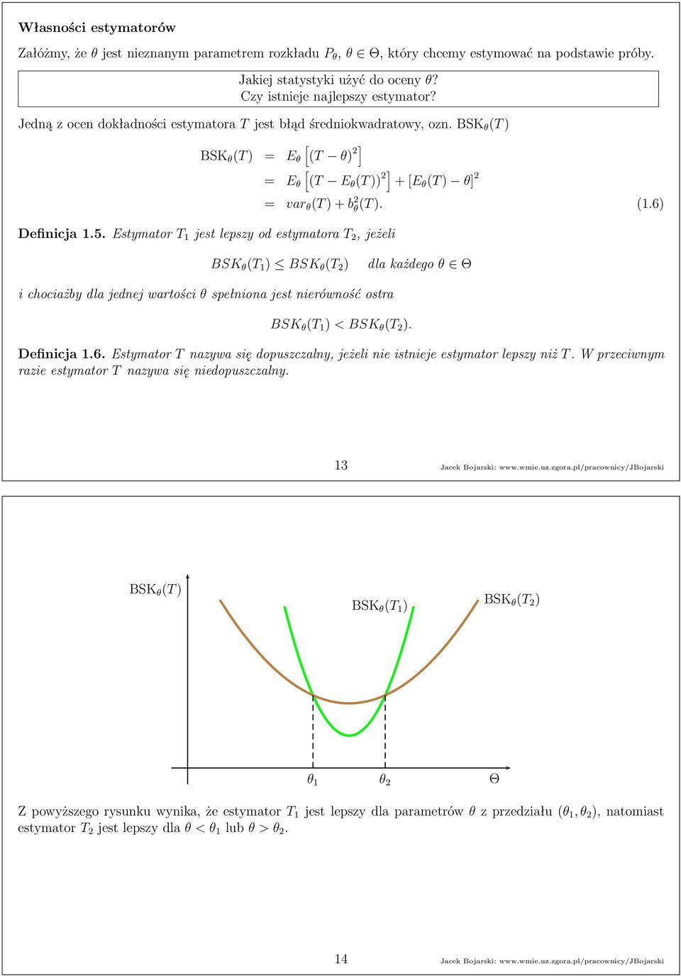 Estymator T 1 jestlepszyodestymatora T,jeżeli = var θ (T) + b θ(t). (1.