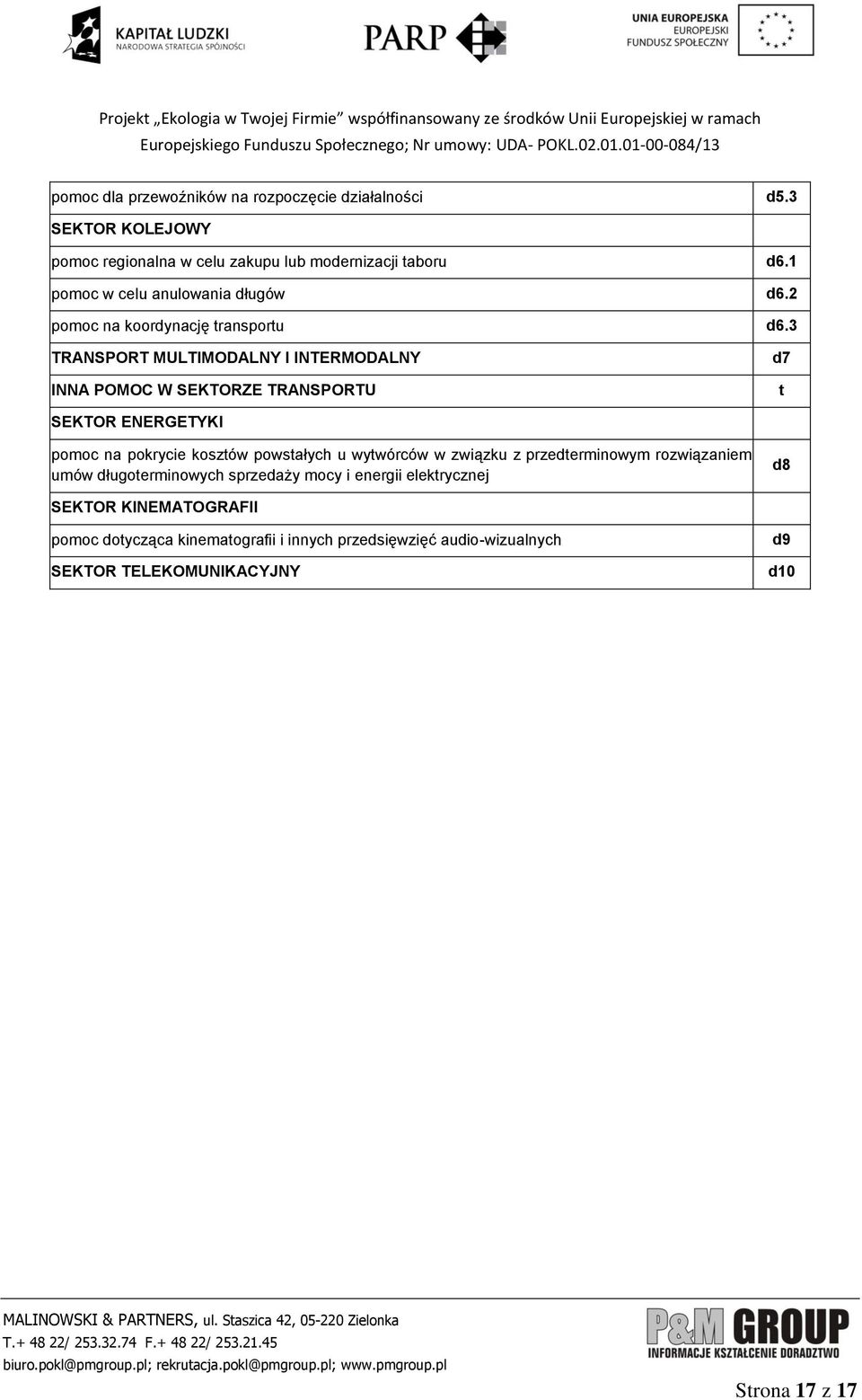 3 TRANSPORT MULTIMODALNY I INTERMODALNY INNA POMOC W SEKTORZE TRANSPORTU d7 t SEKTOR ENERGETYKI pomoc na pokrycie kosztów powstałych u wytwórców w