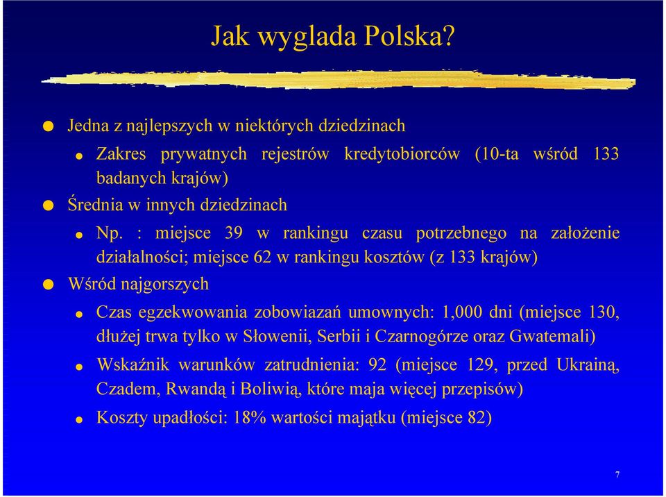 Np. : miejsce 39 w rankingu czasu potrzebnego na założenie działalności; miejsce 62 w rankingu kosztów (z 133 krajów) Wśród najgorszych Czas