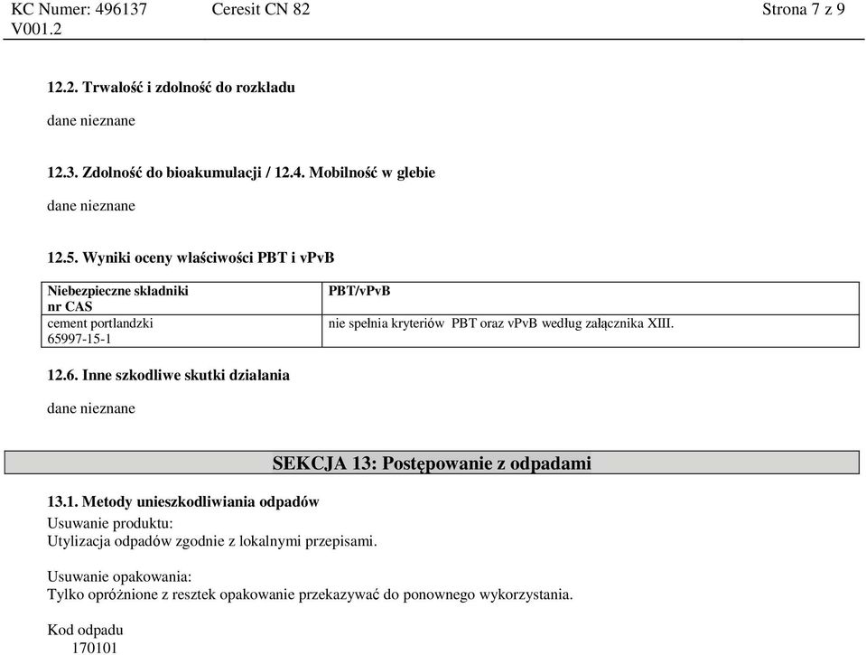 Wyniki oceny właściwości PBT i vpvb nr CAS PBT/vPvB nie spełnia kryteriów PBT oraz vpvb według załącznika XIII. 12.6.